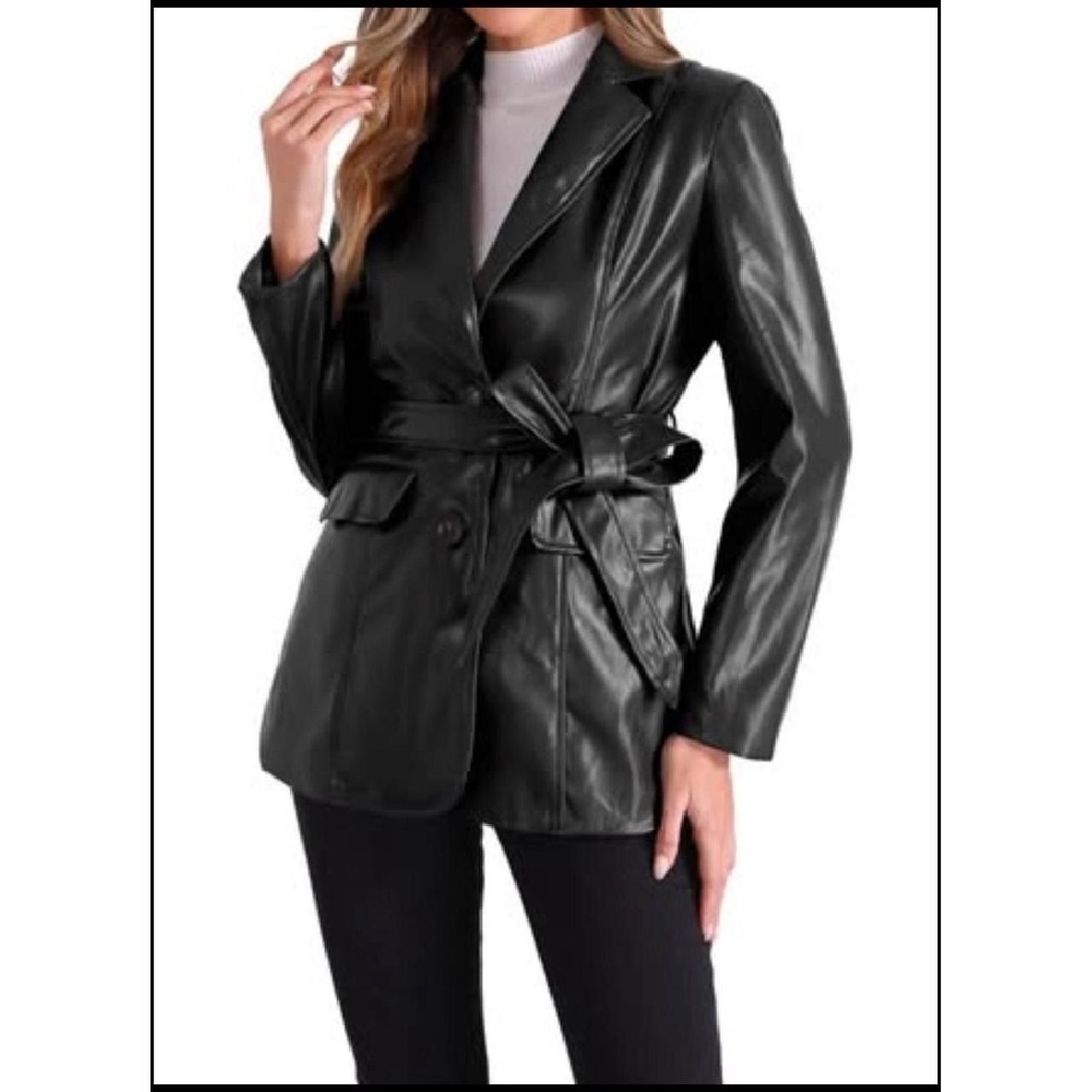 Allegra K Women's Faux Leather Blazer Jackets Button Down